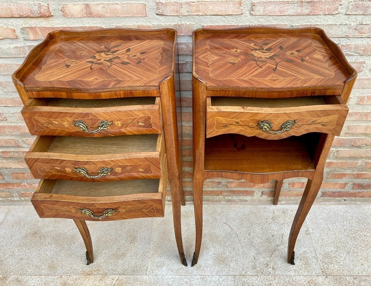 Vintage French Bedside Tables In Marquetry And Bronze Hardware, 1920, Set Of 2 photo vintage