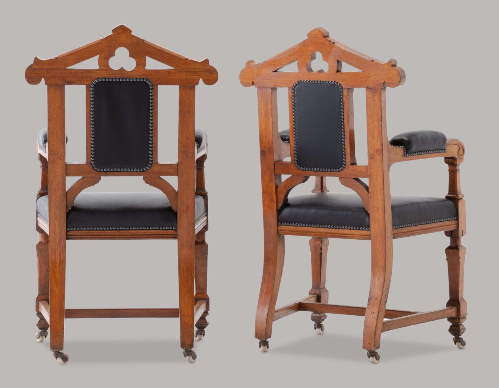 An Unusual C19th Pair Of Golden Oak And Leather Open Armchairs photo vintage