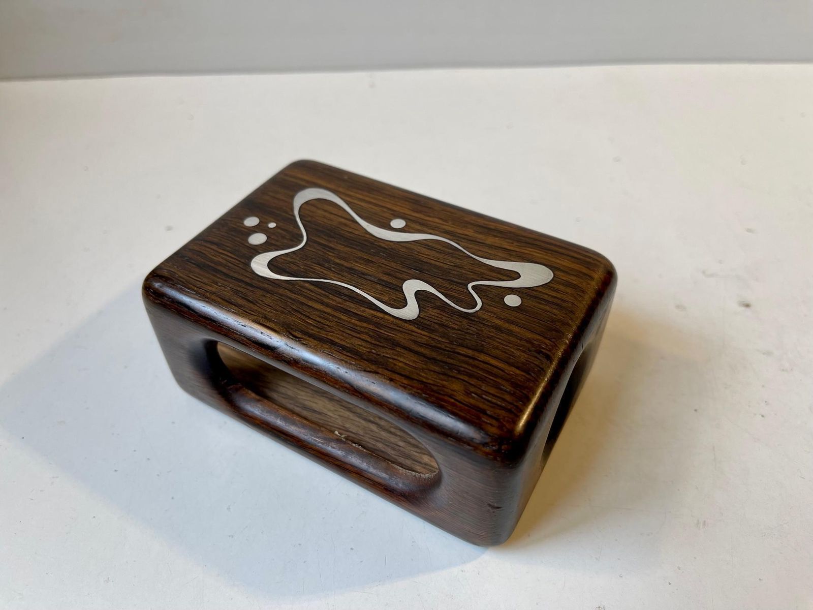 Danish Rosewood Matchbox Holder With Abstract Silver Inlays By Axel Salomonsen