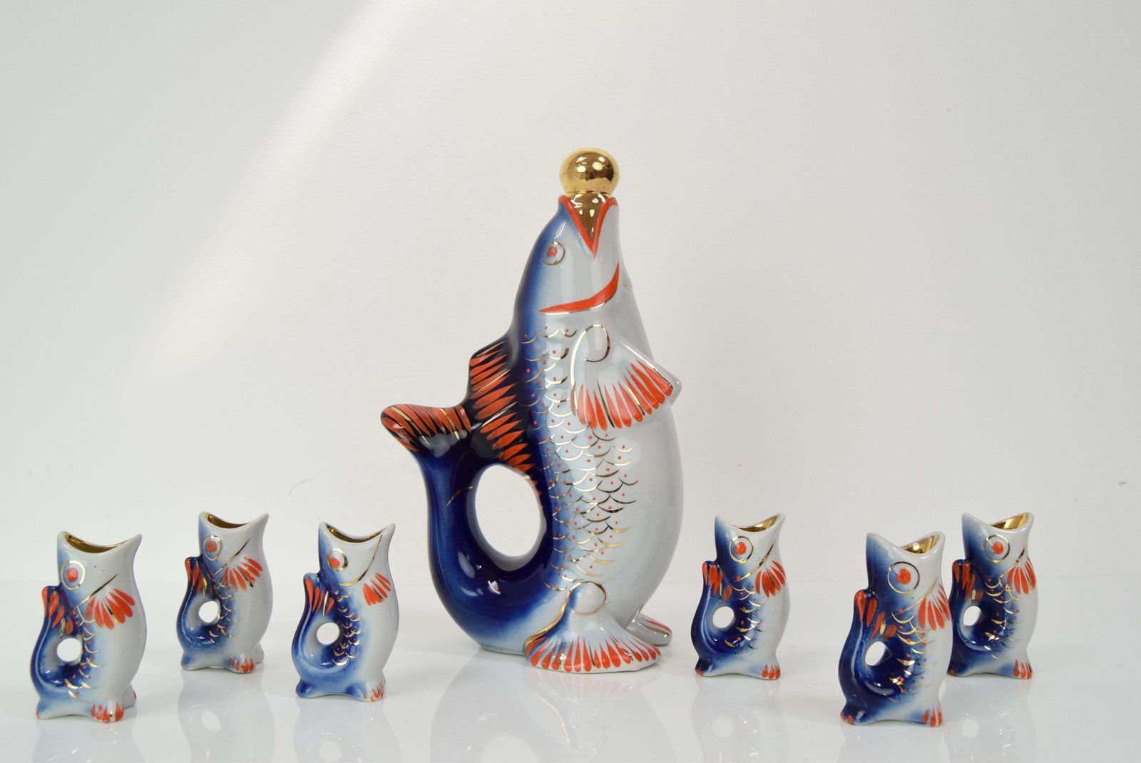Fish Decanter Soviet Drinking Set Porcelain Fish Carafe Shots Glass,1950's. photo furniture
