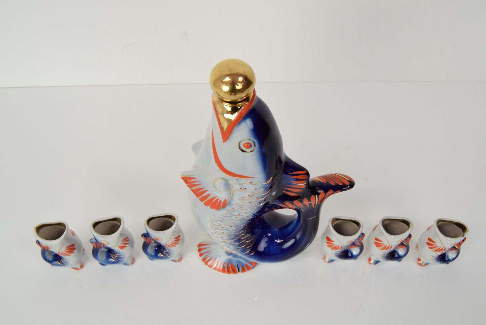 Fish Decanter Soviet Drinking Set Porcelain Fish Carafe Shots Glass,1950's. photo vinterior