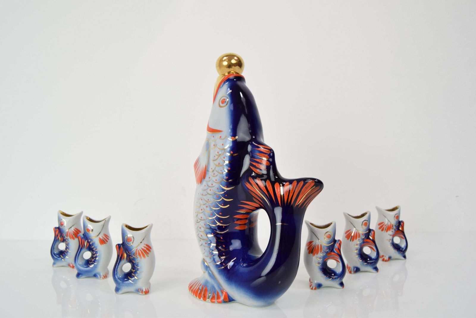 photo furniture Fish Decanter Soviet Drinking Set Porcelain Fish Carafe Shots Glass,1950's.