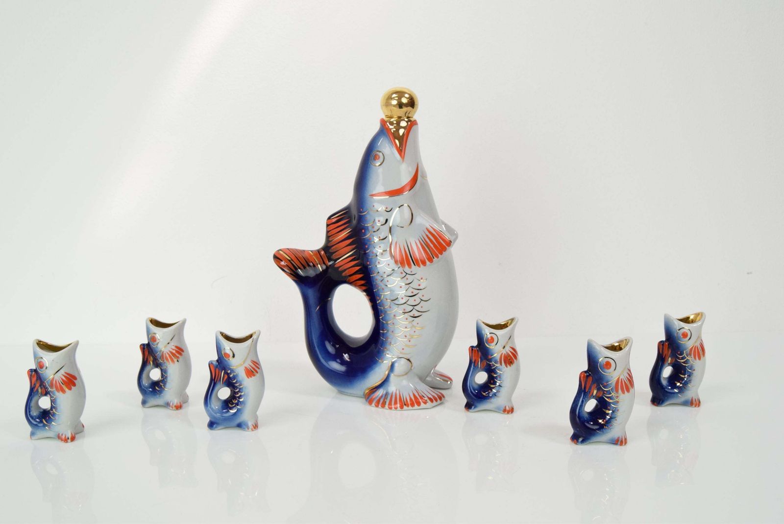 Home Decor Fish Decanter Soviet Drinking Set Porcelain Fish Carafe Shots Glass,1950's. photo