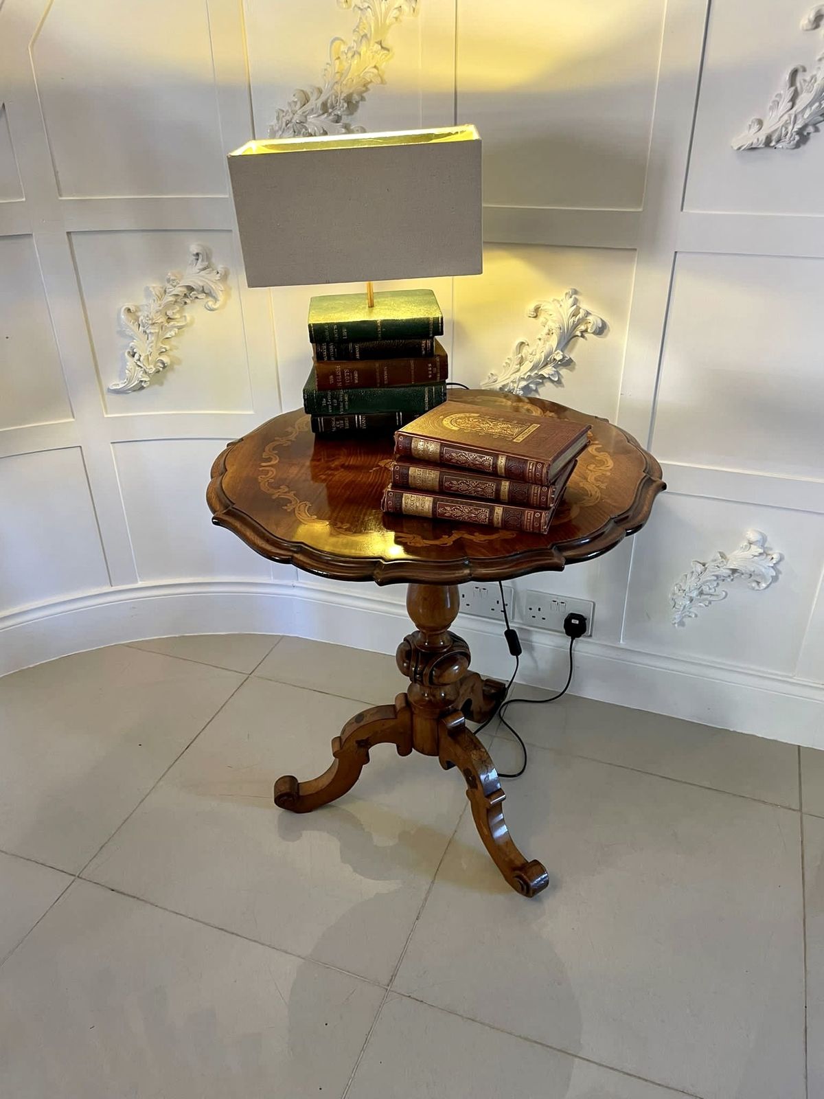 photo for sale Outstanding Quality Large Antique Walnut Marquetry Inlaid Lamp Table