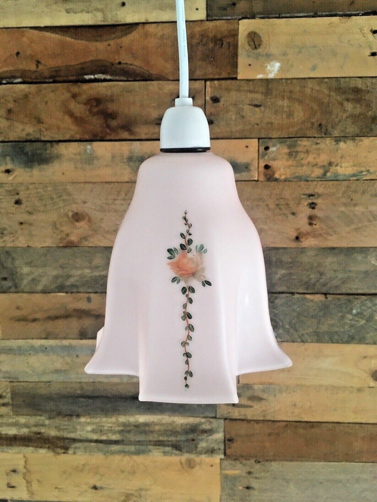 Unusual Art Deco Cross Shaped Pink Opaline Painted Rose Glass Lamp Light Shade photo for sale