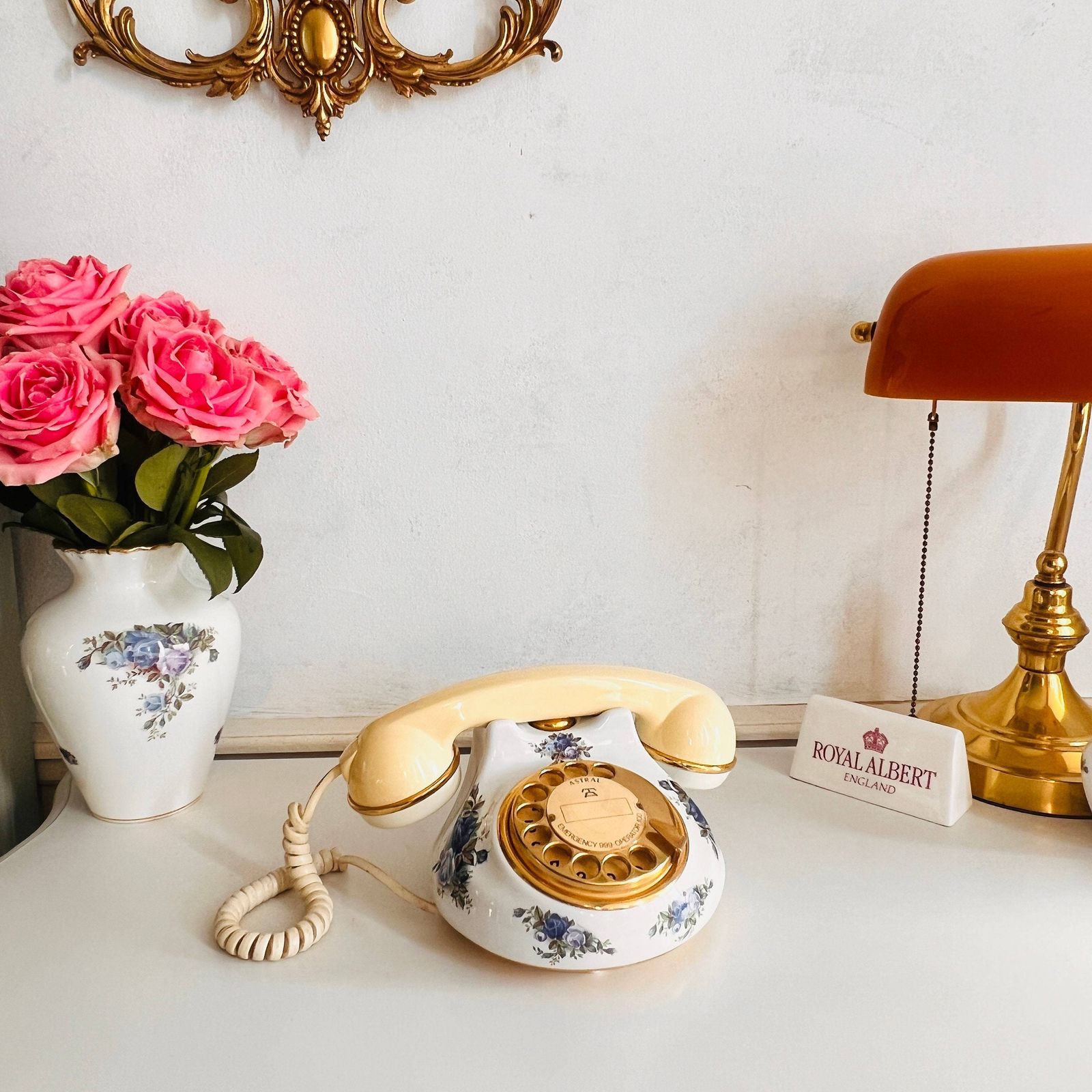 Original Royal Albert Moonlight Rose, Porcelain Telephone, Made In England By Astral Ltd, Rotary Telephone. photo for sale