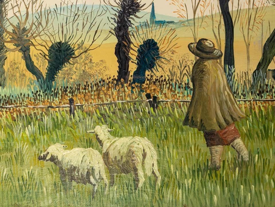 Peinture à l'huile « Maison Dans Les Arbres » huile sur toile signée Laurent Pradat 1976 photo Art