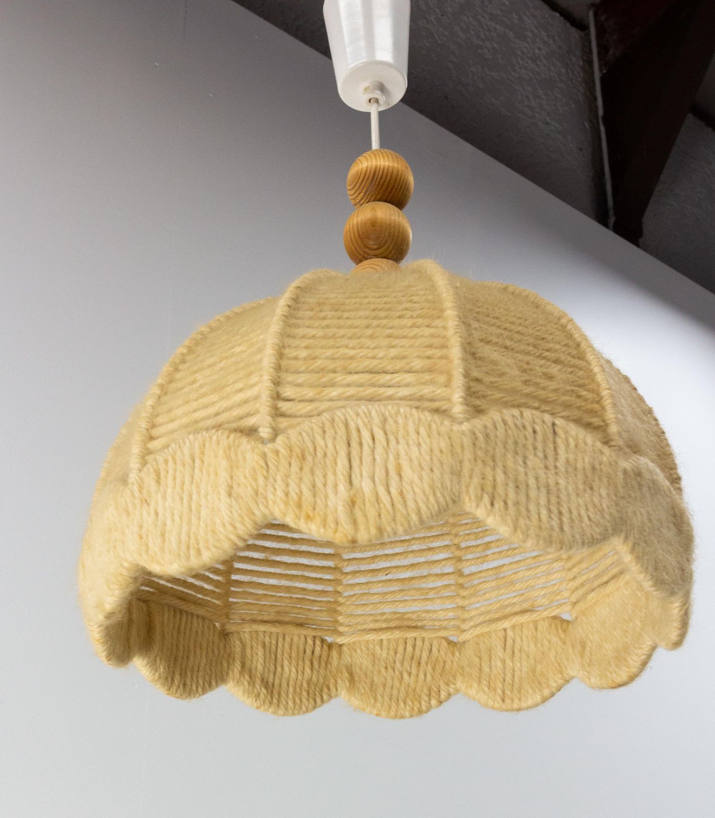 French Chandelier Ceiling Wool On Metallic Frame Pendant Lustre, Circa 1970 photo for sale