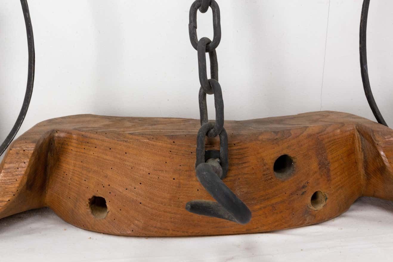 French Pair Of Sconces Yoke Elm And Iron Double Lamps Mid Century photo Lighting