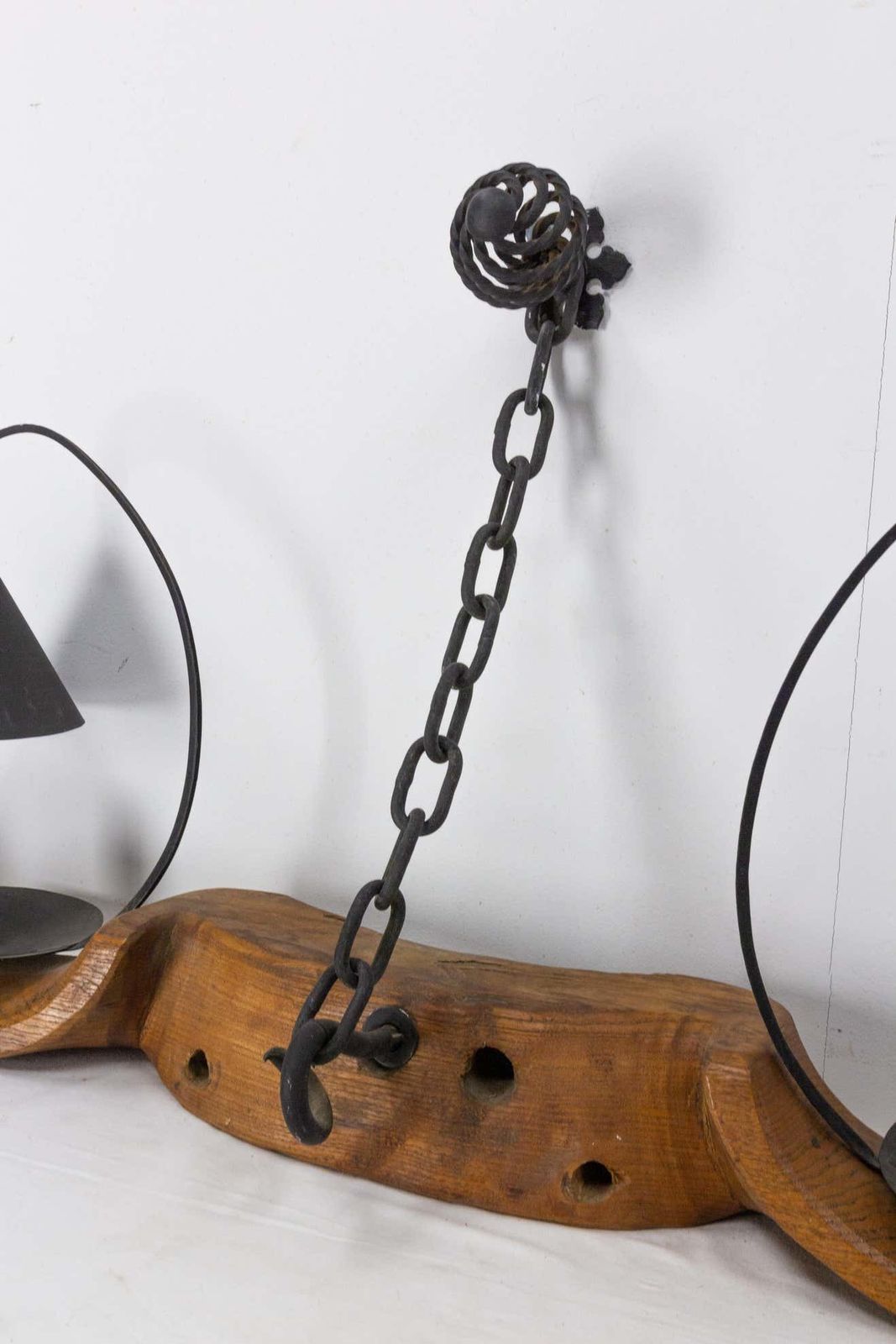 photo vinterior French Pair Of Sconces Yoke Elm And Iron Double Lamps Mid Century