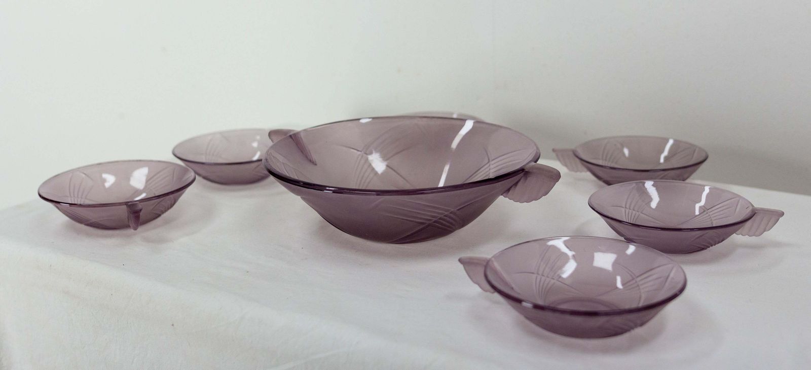 Art Deco French Purple Glass Fruit Service With One Dish And Six Bowls C. 1930 photo for sale