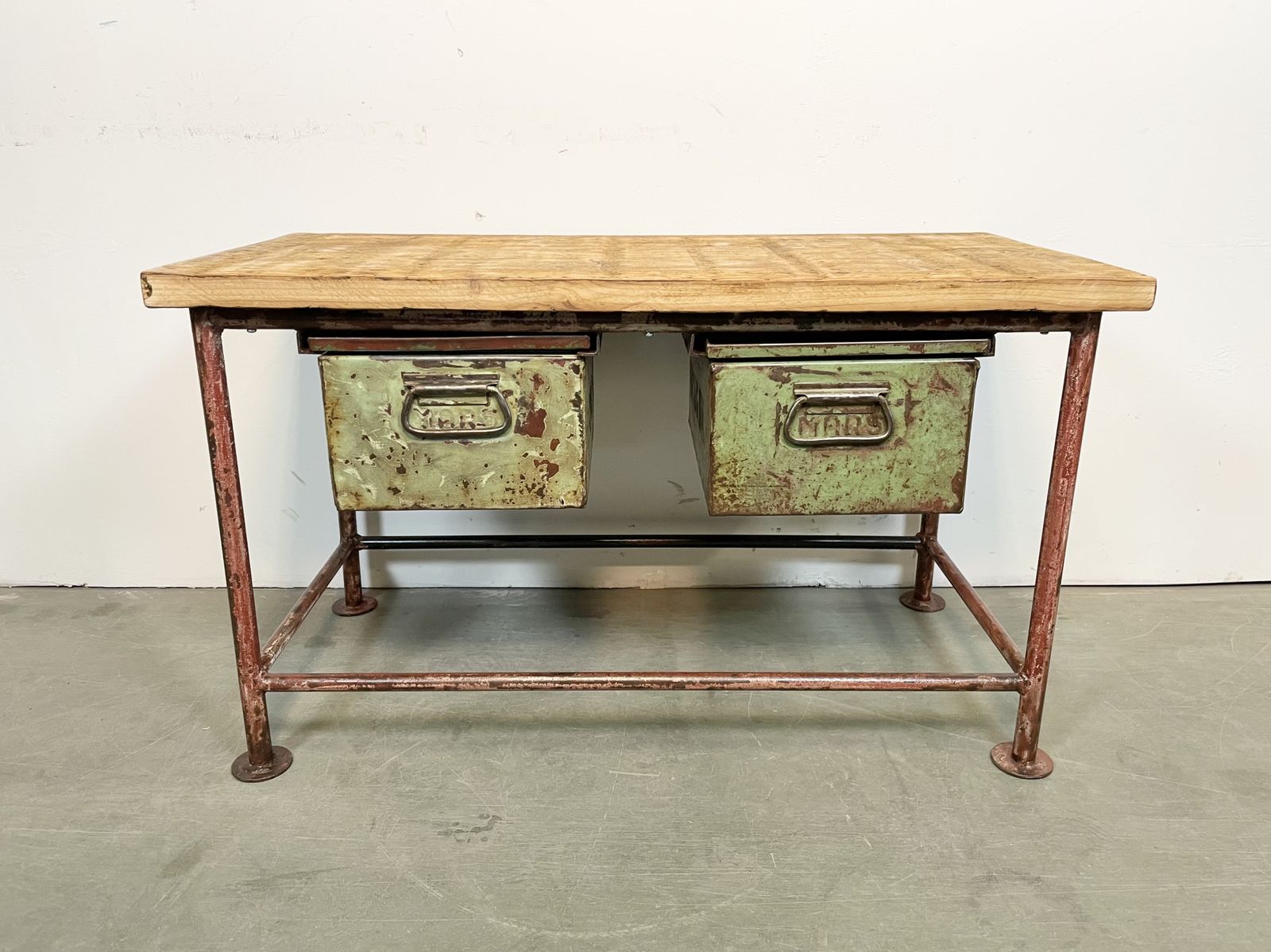 Red Industrial Worktable With Two Green Iron Drawers, 1960s photo for sale
