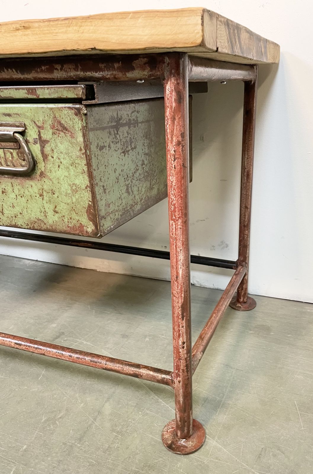 Red Industrial Worktable With Two Green Iron Drawers, 1960s photo vinterior