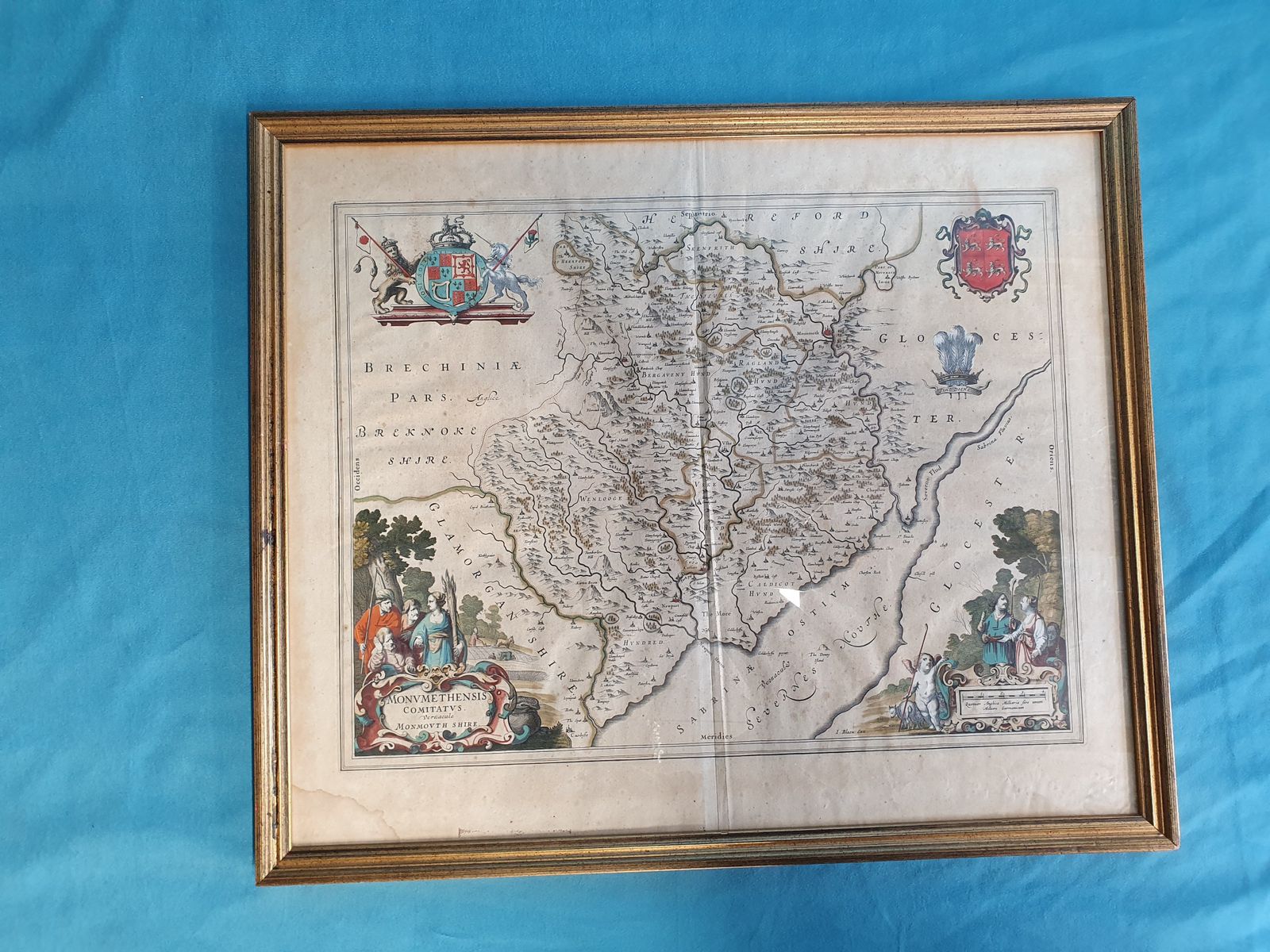 17th Century Hand Coloured Map Of Monmouth Shire