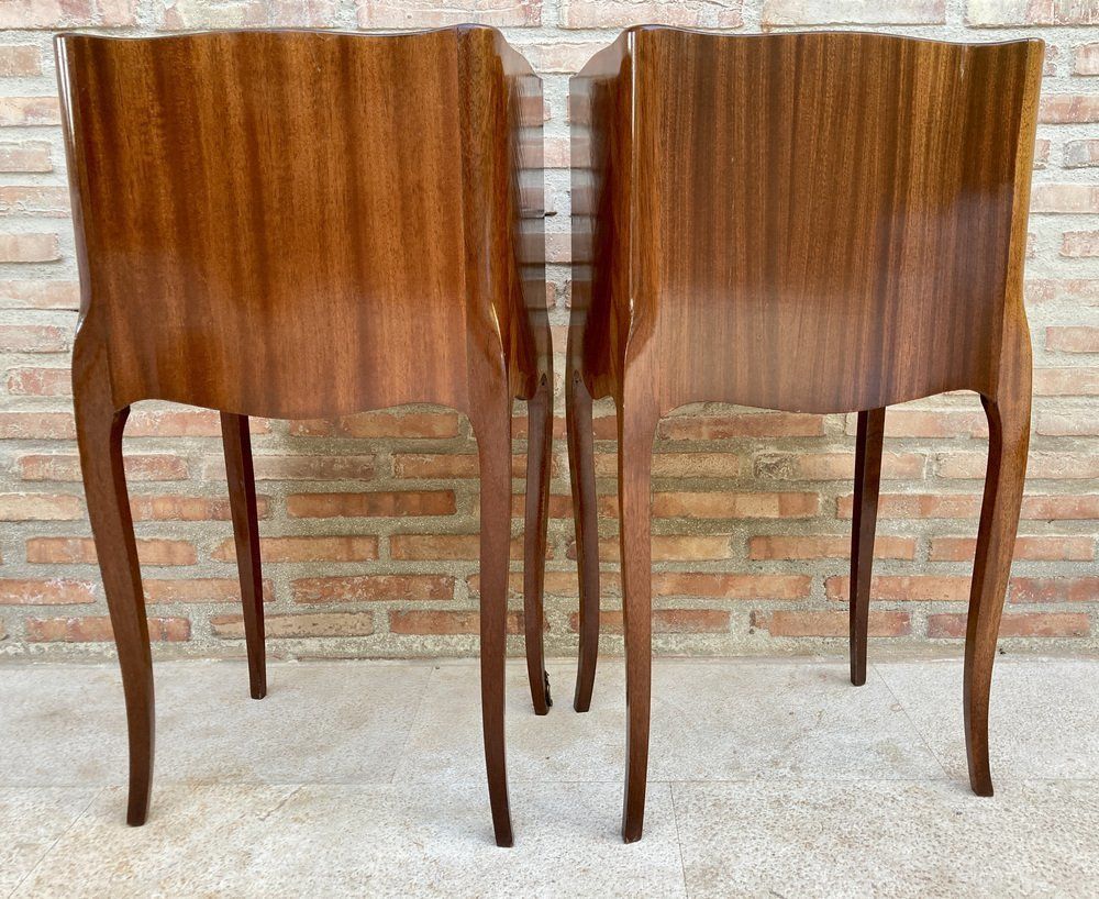 Furniture Early 20th Century French Bedside Tables Or Nightstands In Marquetry And Iron Hardware, 1920s, Set Of 2 photo