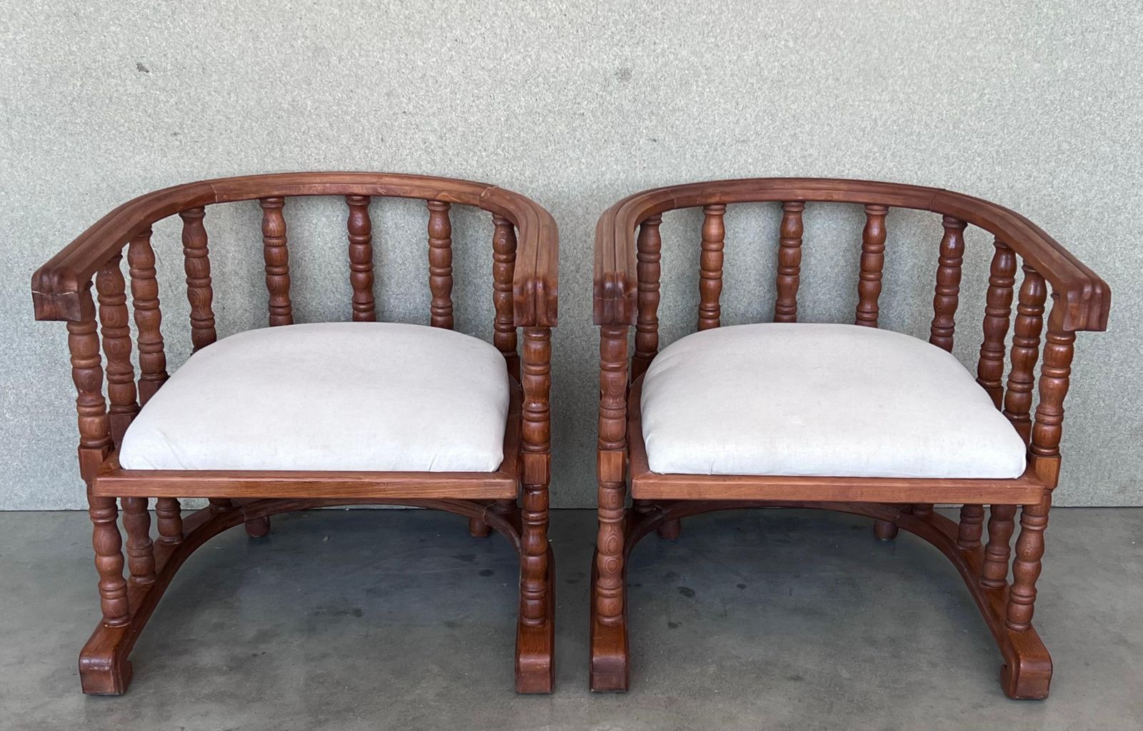 Pair Of Spanish Slatted Barrel Back Hand Carved Chairs photo furniture