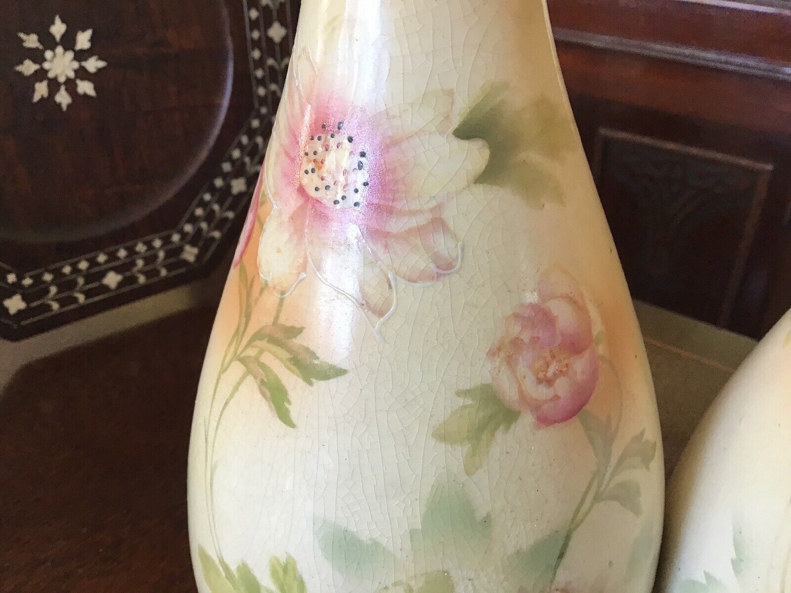 A Pair Of Antique Sanford Ware Hand Painted Blush Ivory Vases photo furniture
