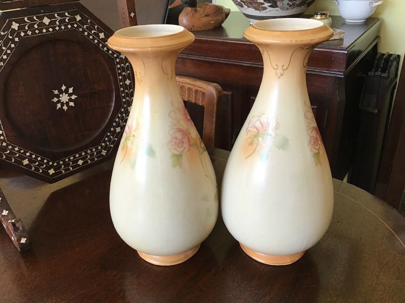 A Pair Of Antique Sanford Ware Hand Painted Blush Ivory Vases photo buy