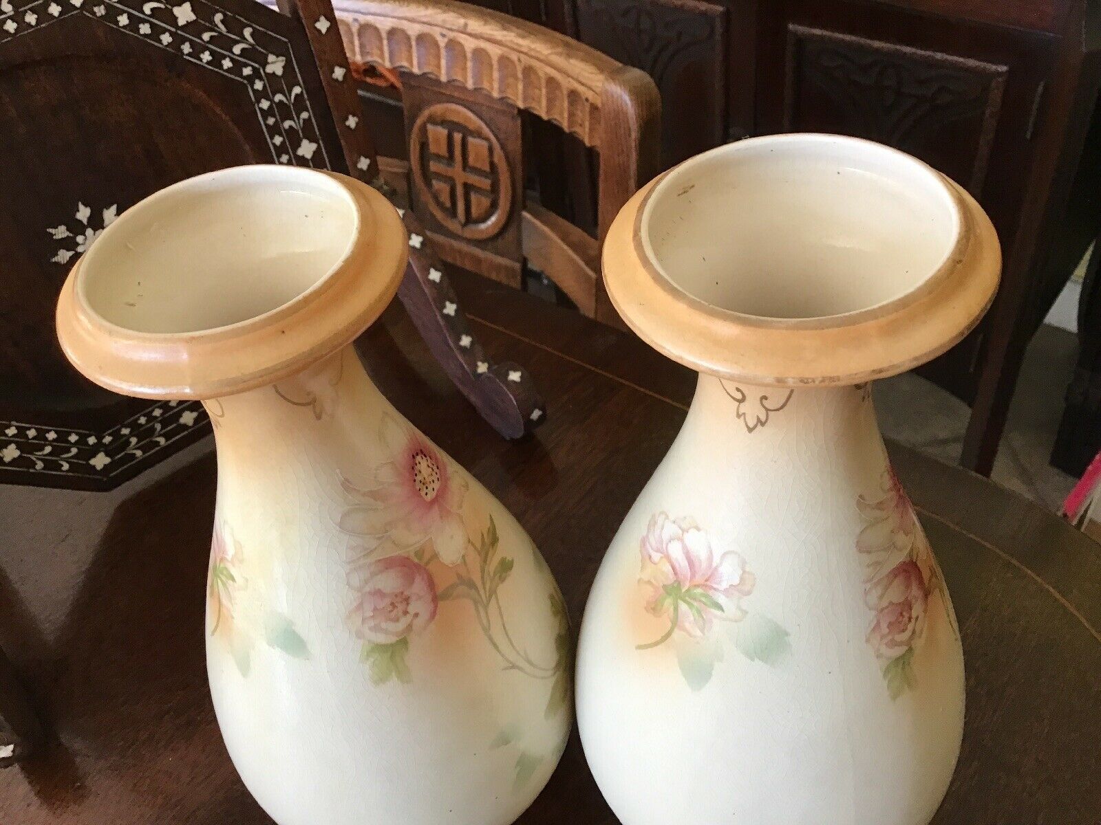 A Pair Of Antique Sanford Ware Hand Painted Blush Ivory Vases photo vintage