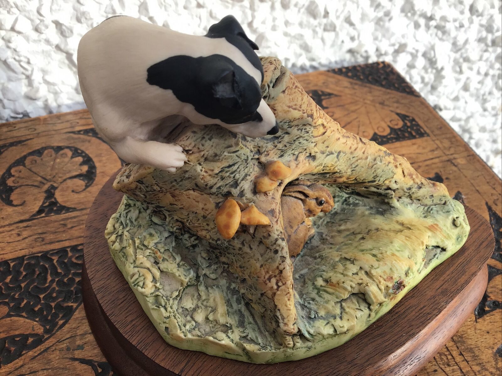 Border Fine Arts. Anne Wall 1979 Jack Russell Chasing A Hare Over A Stump photo furniture