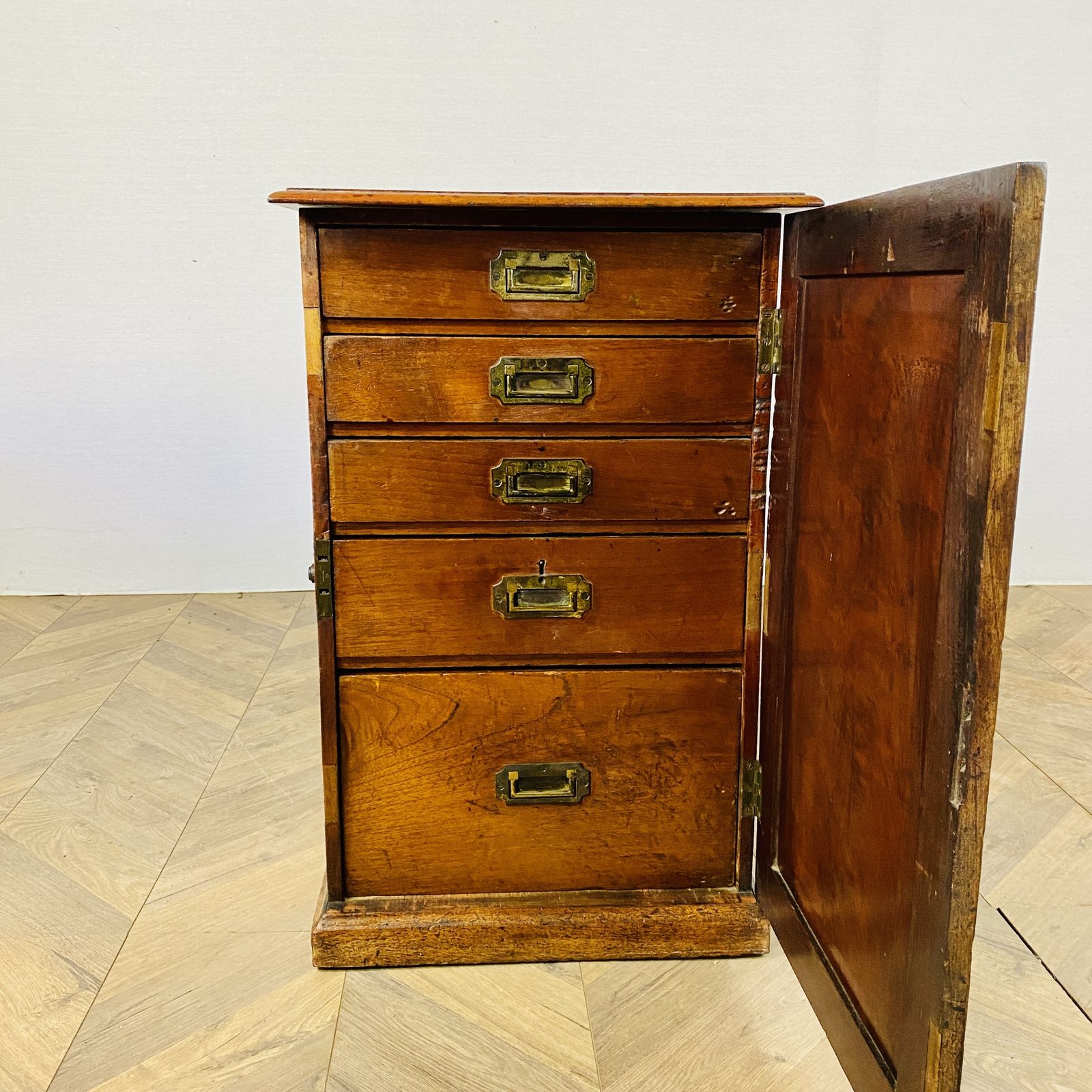 photo for sale Antique Oak 5 Drawer Collectors Cabinet With Brass Handles, Early 19th Century