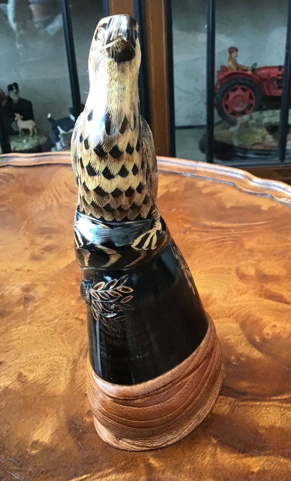 Intricately Carved Bovine Horn In The Form Of Eagle Glass Eyes Wooden Plinth photo furniture