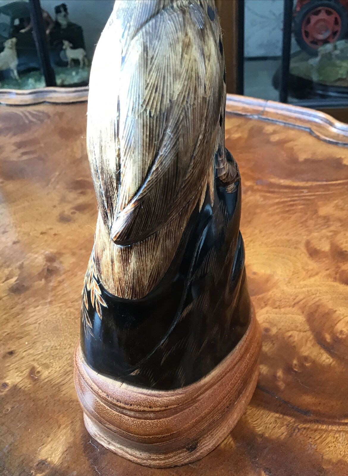 Intricately Carved Bovine Horn In The Form Of Eagle Glass Eyes Wooden Plinth photo vinterior