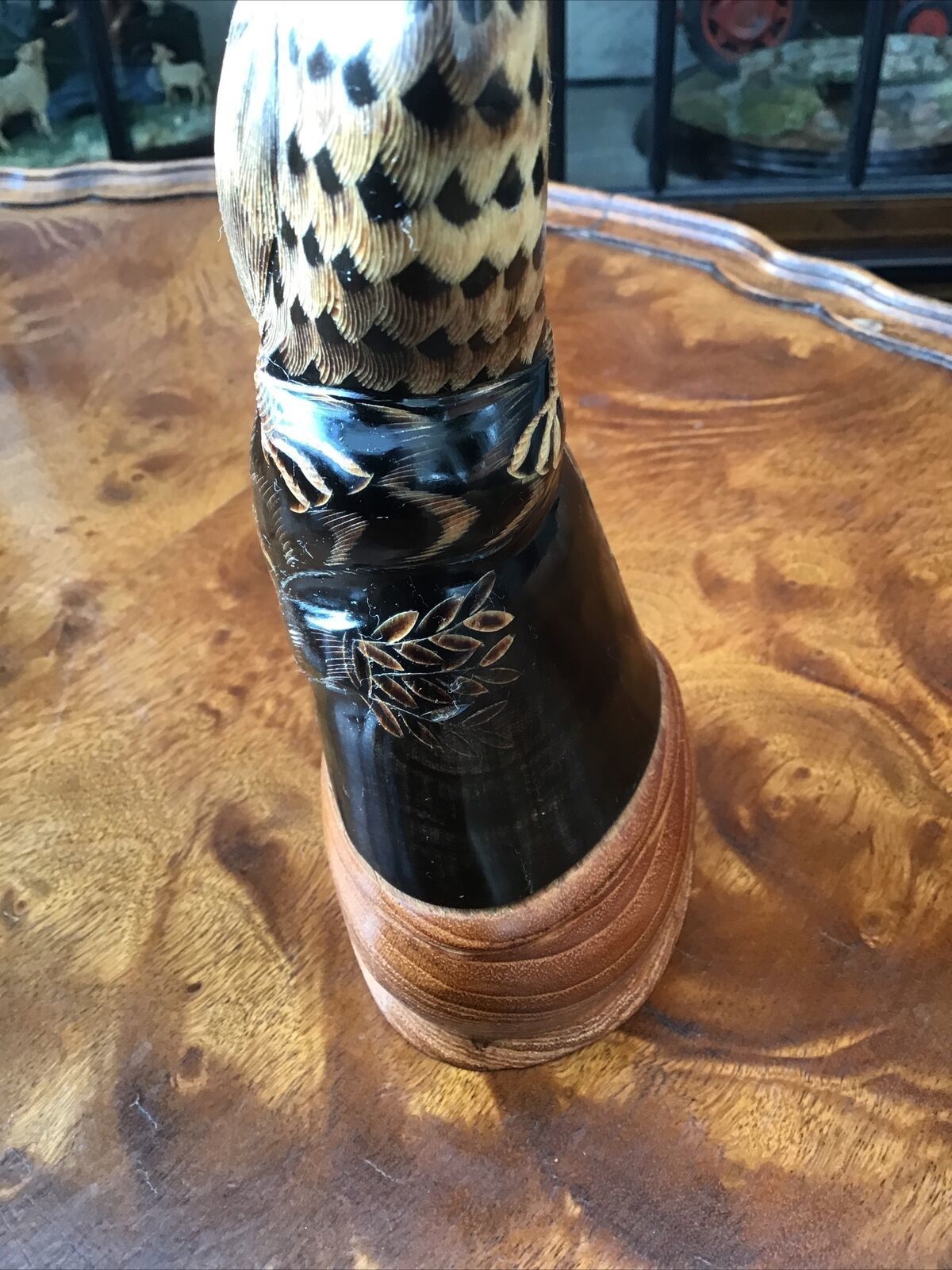 photo for sale Intricately Carved Bovine Horn In The Form Of Eagle Glass Eyes Wooden Plinth