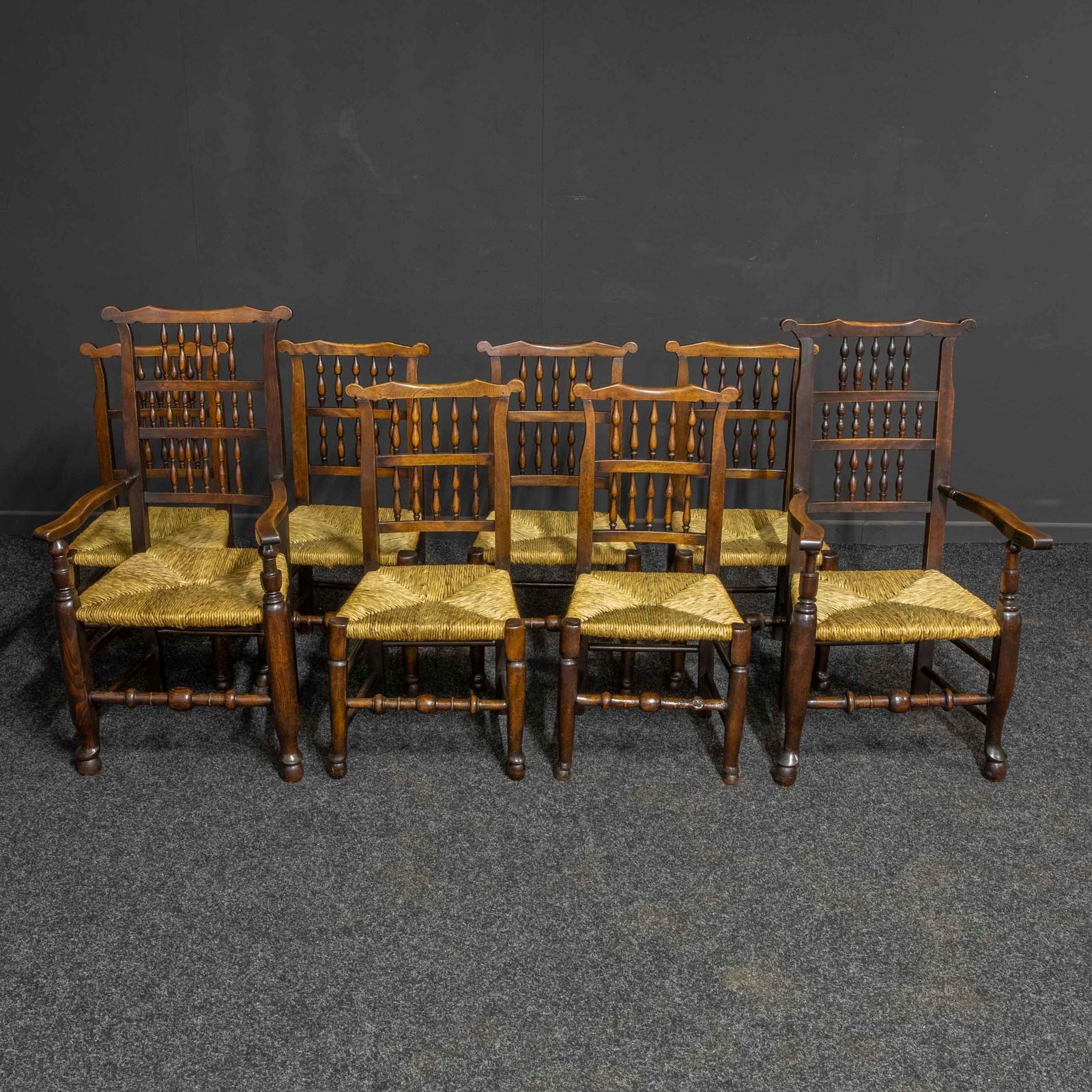 Set Of Eight Georgian Lancashire Spindleback Chairs