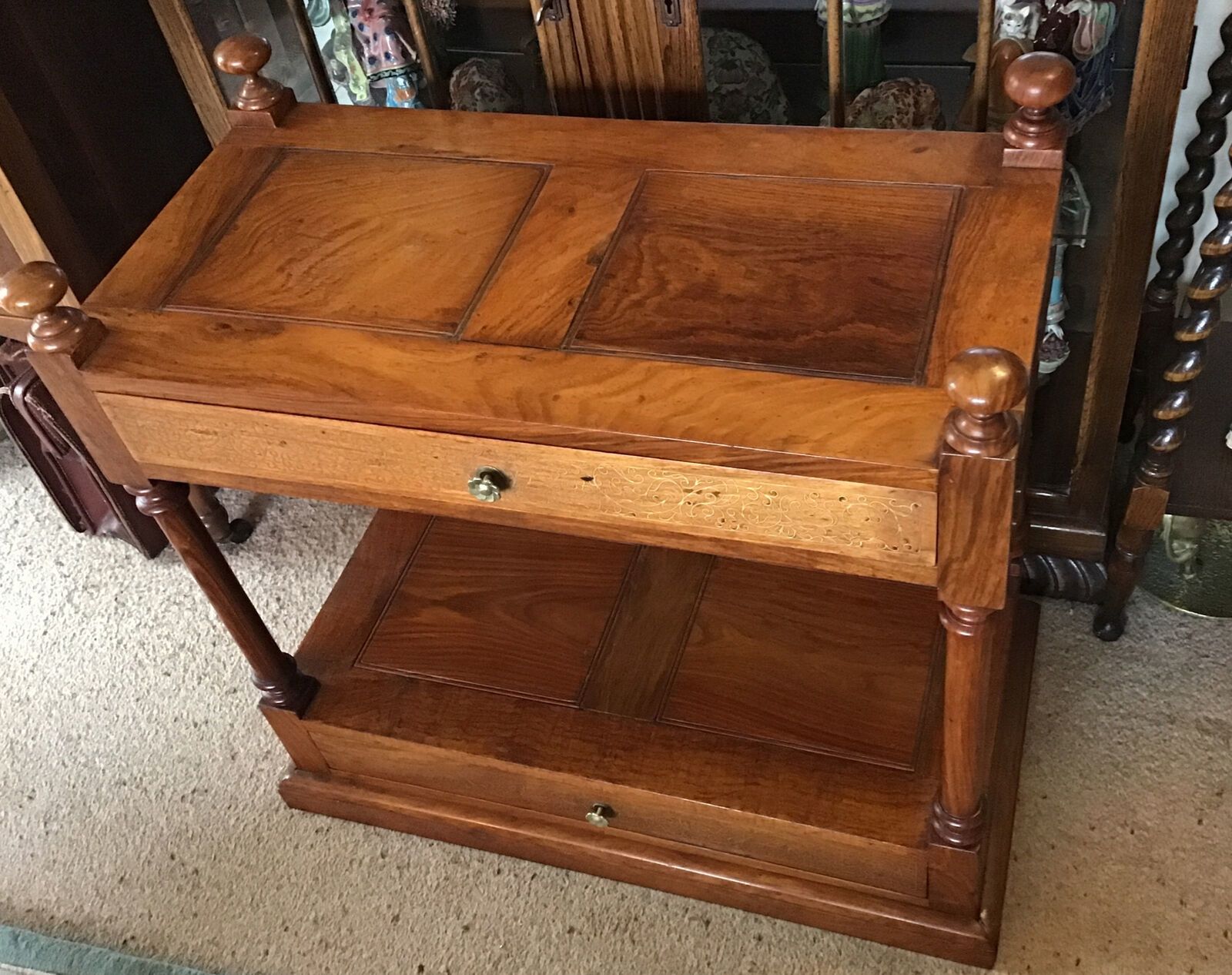 Mahogany 2 Tier Table / Stand. Brass Floral Inlayed Drawers. Turned Supports photo furniture