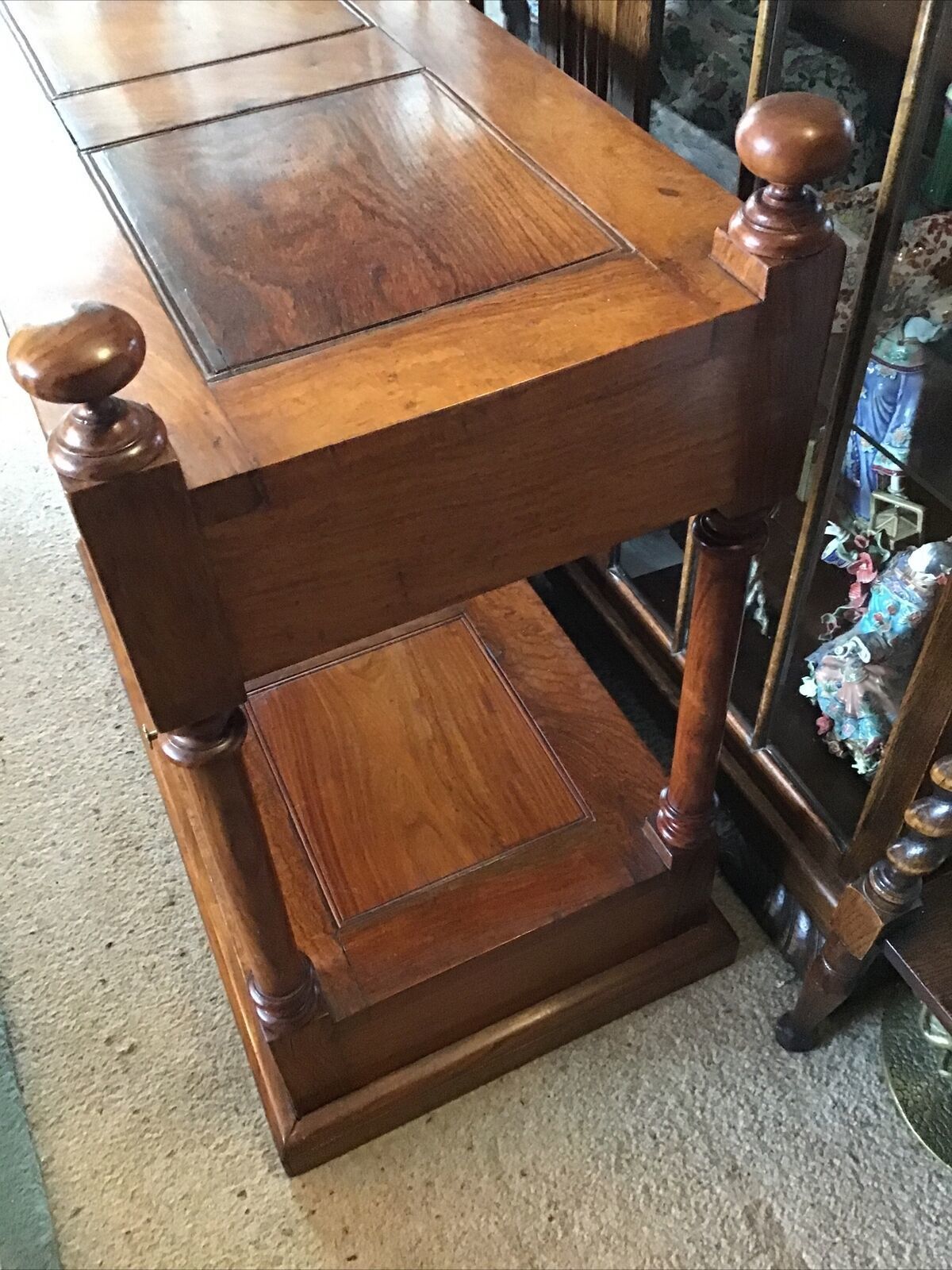 Mahogany 2 Tier Table / Stand. Brass Floral Inlayed Drawers. Turned Supports photo buy
