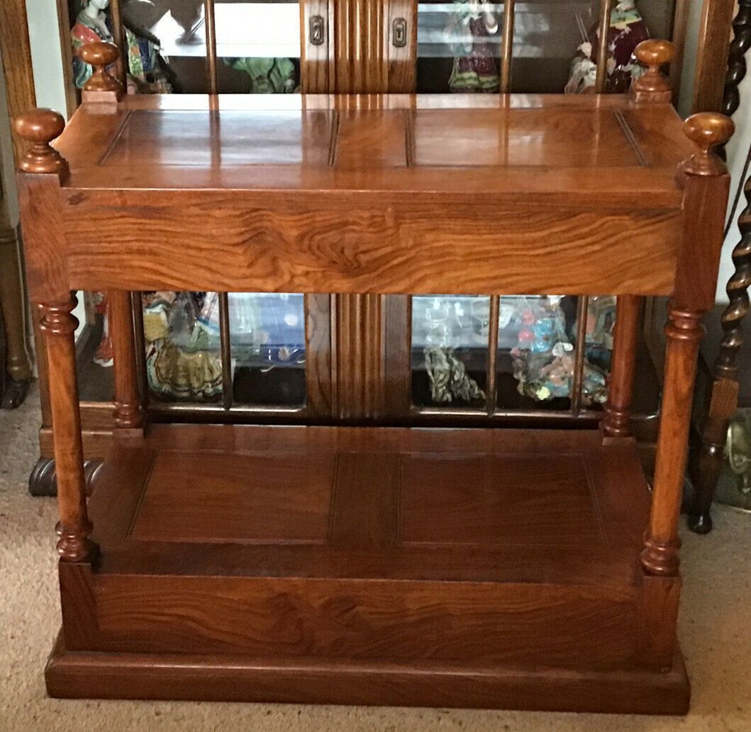 235.0 Mahogany 2 Tier Table / Stand. Brass Floral Inlayed Drawers. Turned Supports photo