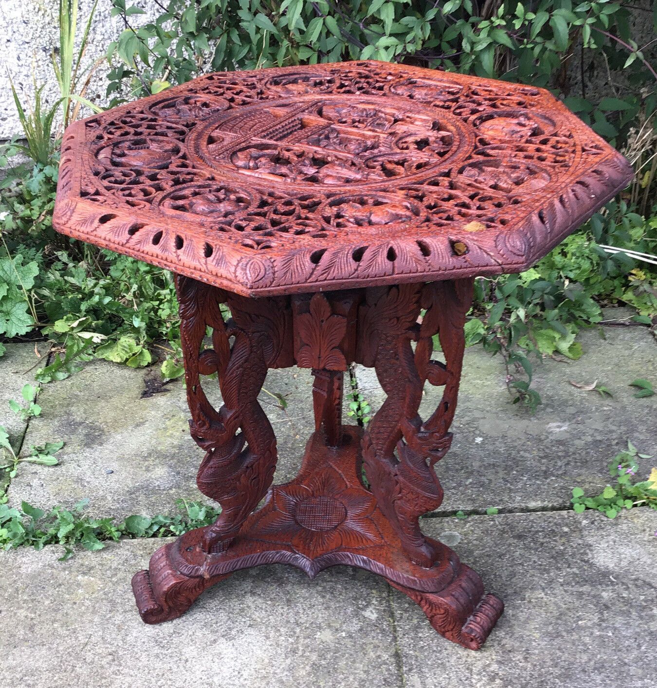 19th C. Large Intricatley Carved Burmese Teak Table On Trefoil Base photo buy