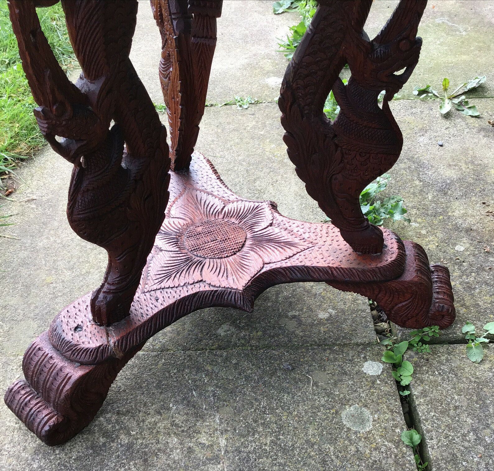 19th C. Large Intricatley Carved Burmese Teak Table On Trefoil Base photo vintage
