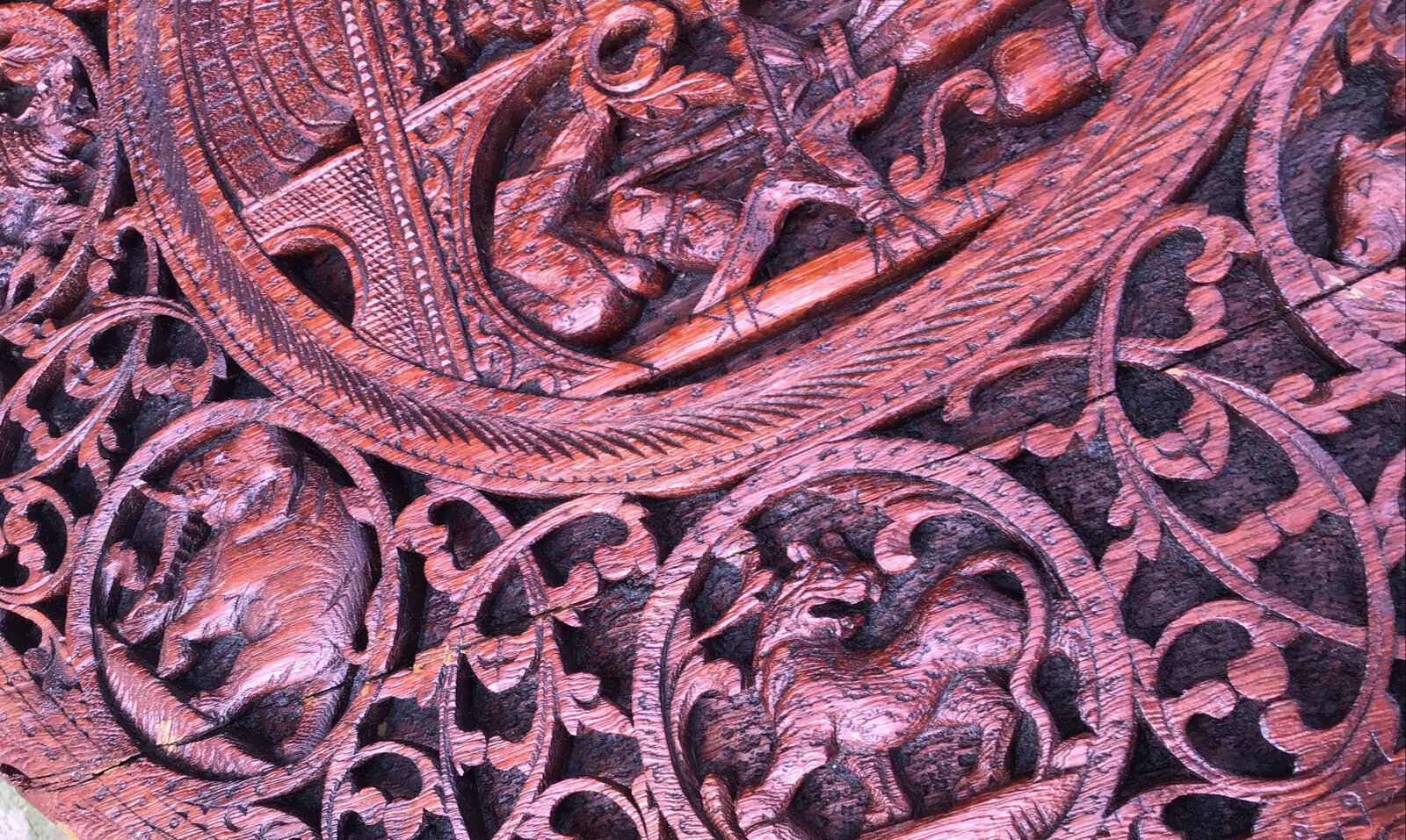 photo for sale 19th C. Large Intricatley Carved Burmese Teak Table On Trefoil Base