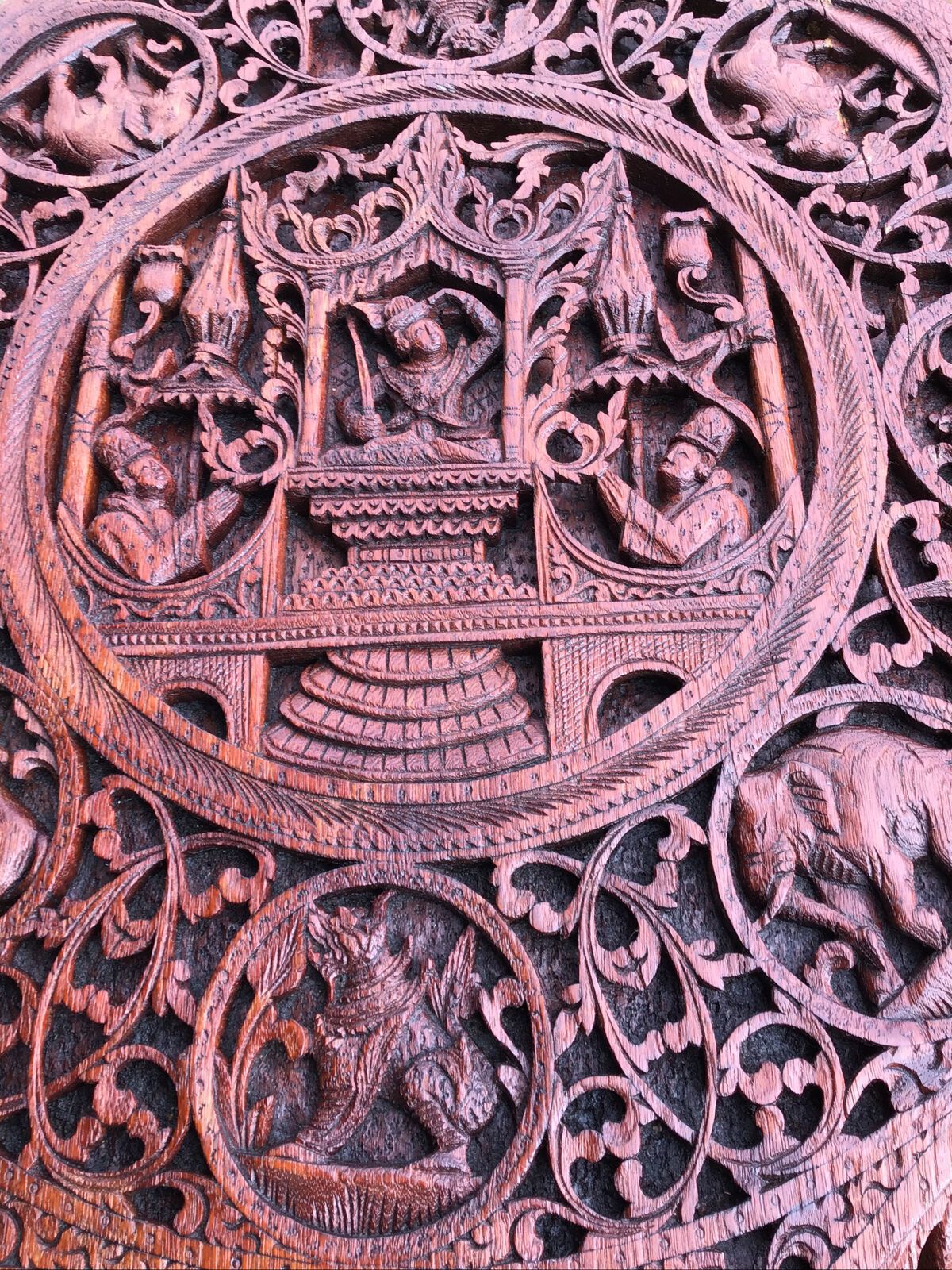 Furniture 19th C. Large Intricatley Carved Burmese Teak Table On Trefoil Base photo