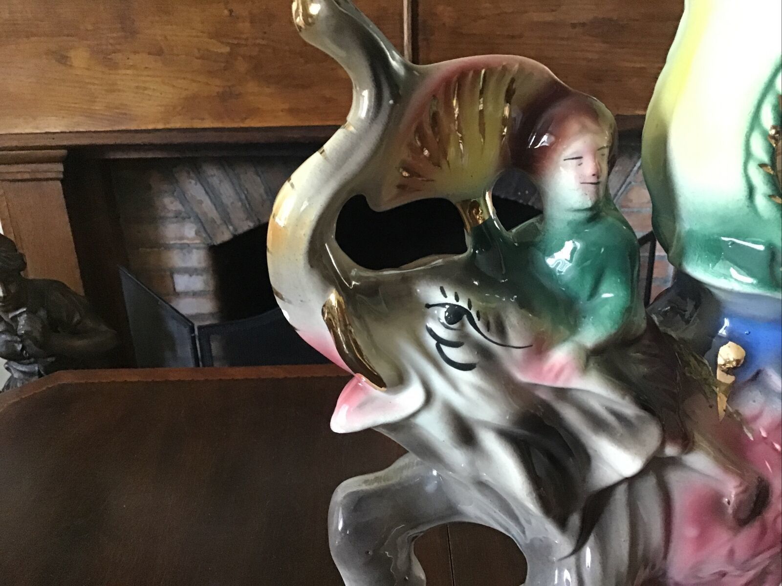 12.5” Tall Capodimonte Elephant With Sedan Chair And Mahout Wafting Fan. Rare photo for sale