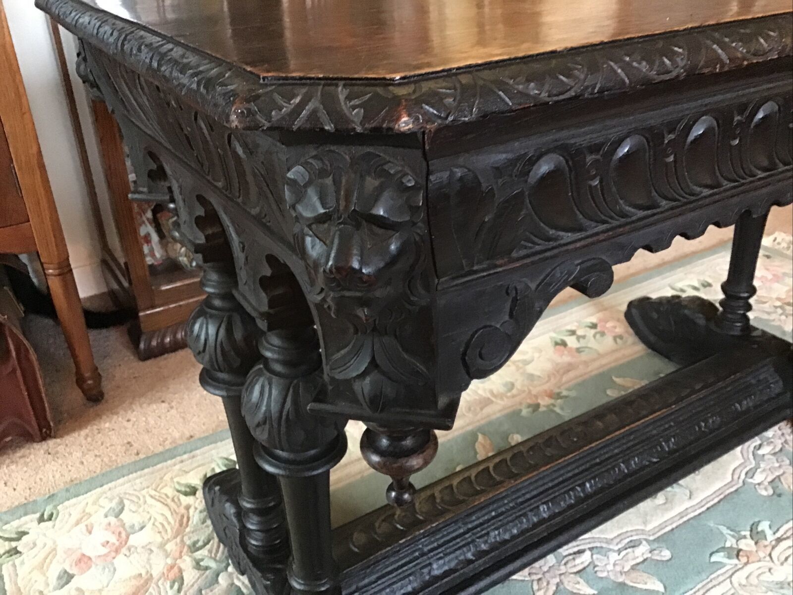 Heavily Carved Oak Writing Table. Fluted Column Legs Over Dolphin Feet C.1800 photo for sale