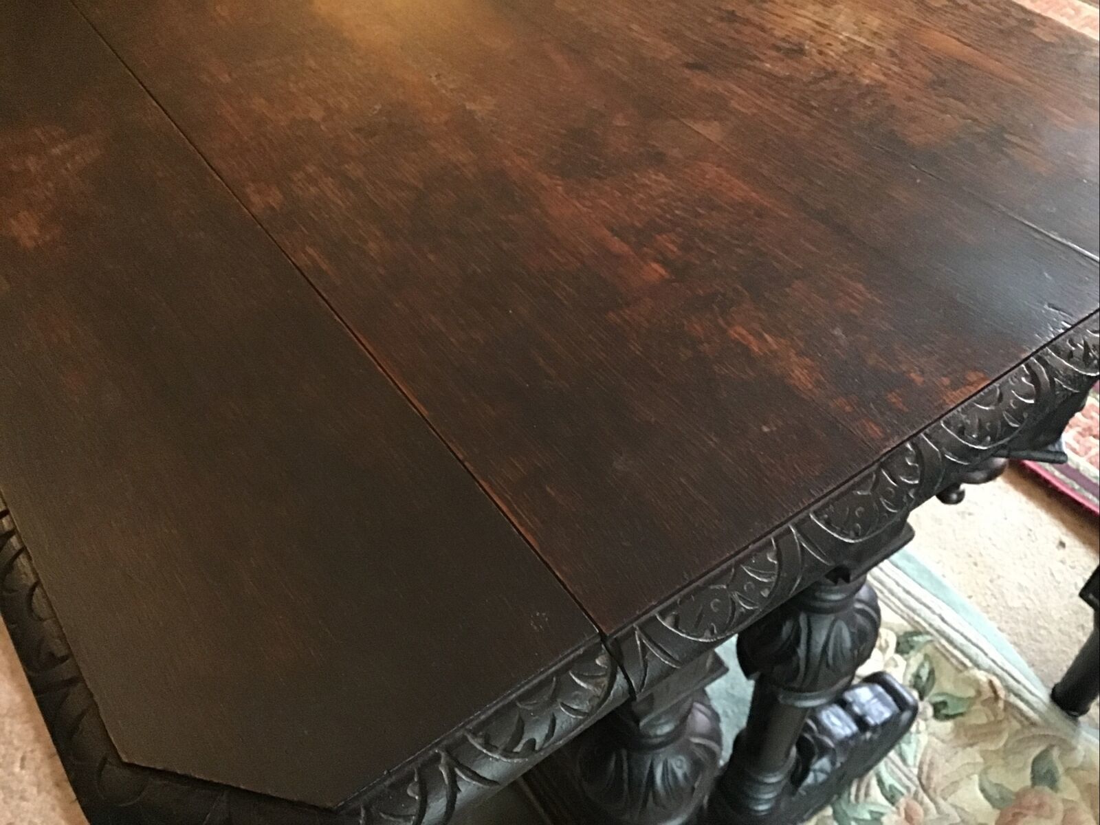 Heavily Carved Oak Writing Table. Fluted Column Legs Over Dolphin Feet C.1800 photo vinterior
