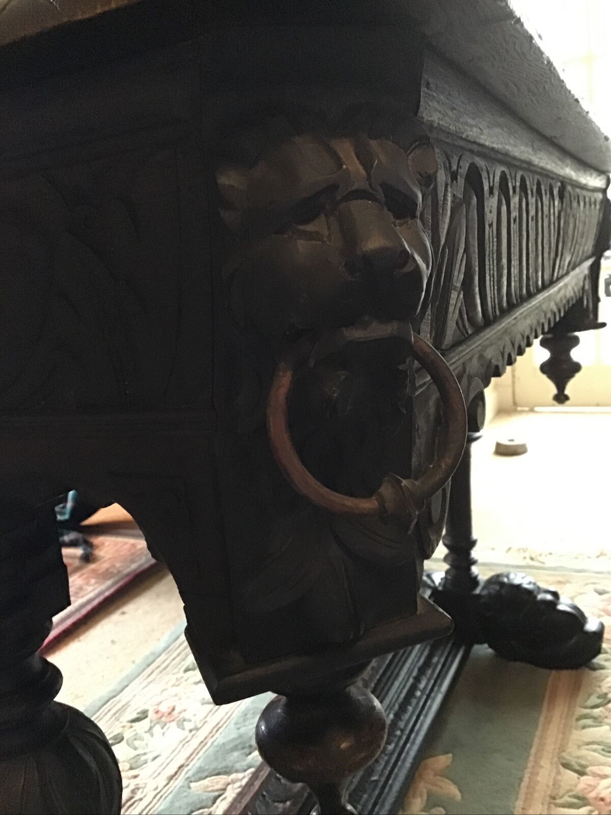 Heavily Carved Oak Writing Table. Fluted Column Legs Over Dolphin Feet C.1800 photo buy