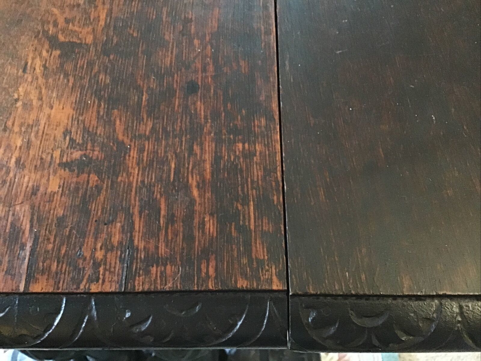 photo furniture Heavily Carved Oak Writing Table. Fluted Column Legs Over Dolphin Feet C.1800