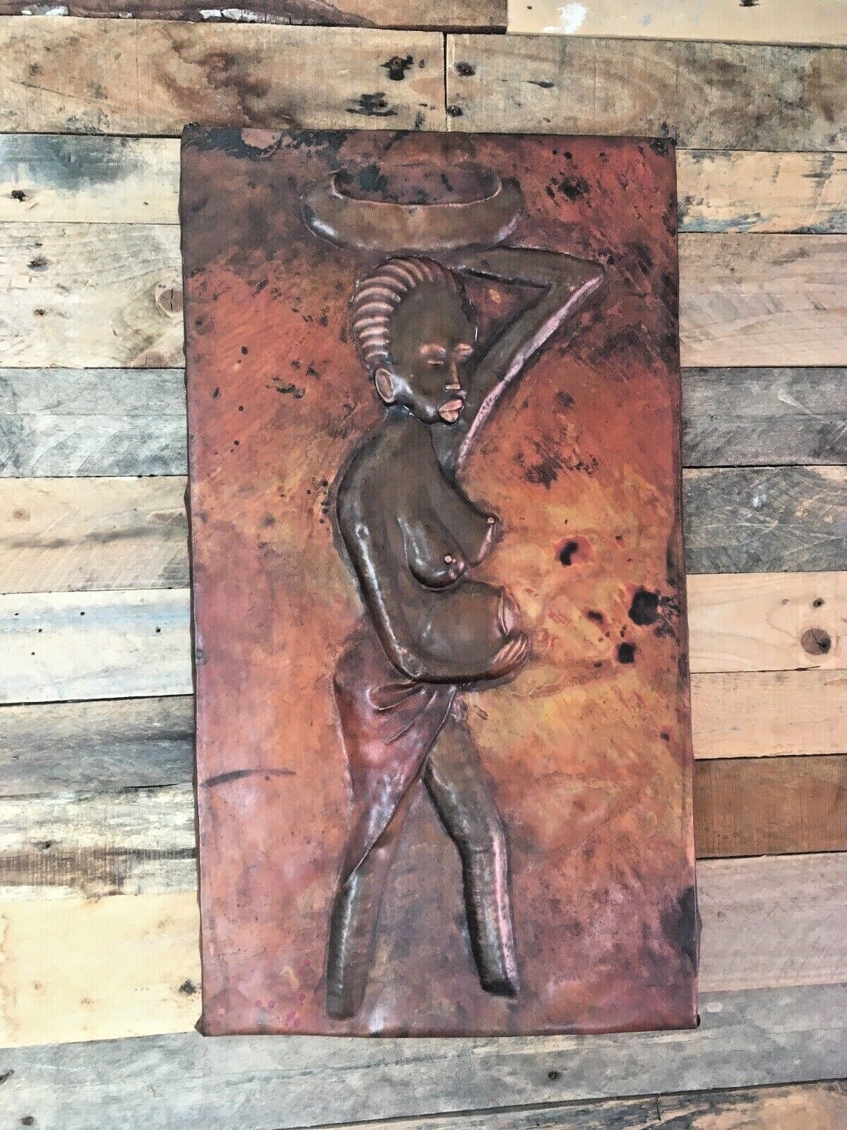 Large African Copper Sheet Panel Plaque Nude Pregnant Lady Kasongo Kamba Style