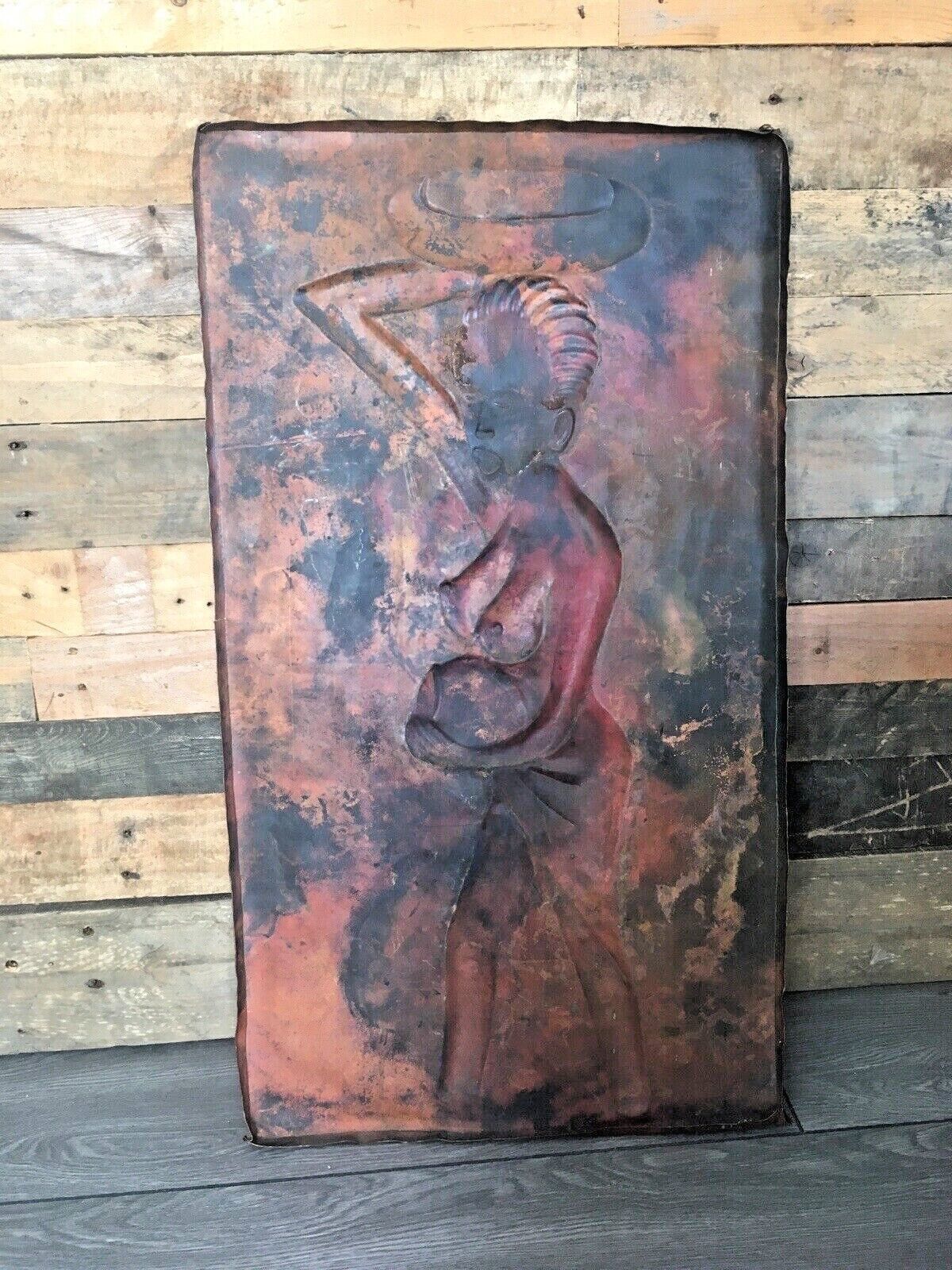 photo for sale Large African Copper Sheet Panel Plaque Nude Pregnant Lady Kasongo Kamba Style
