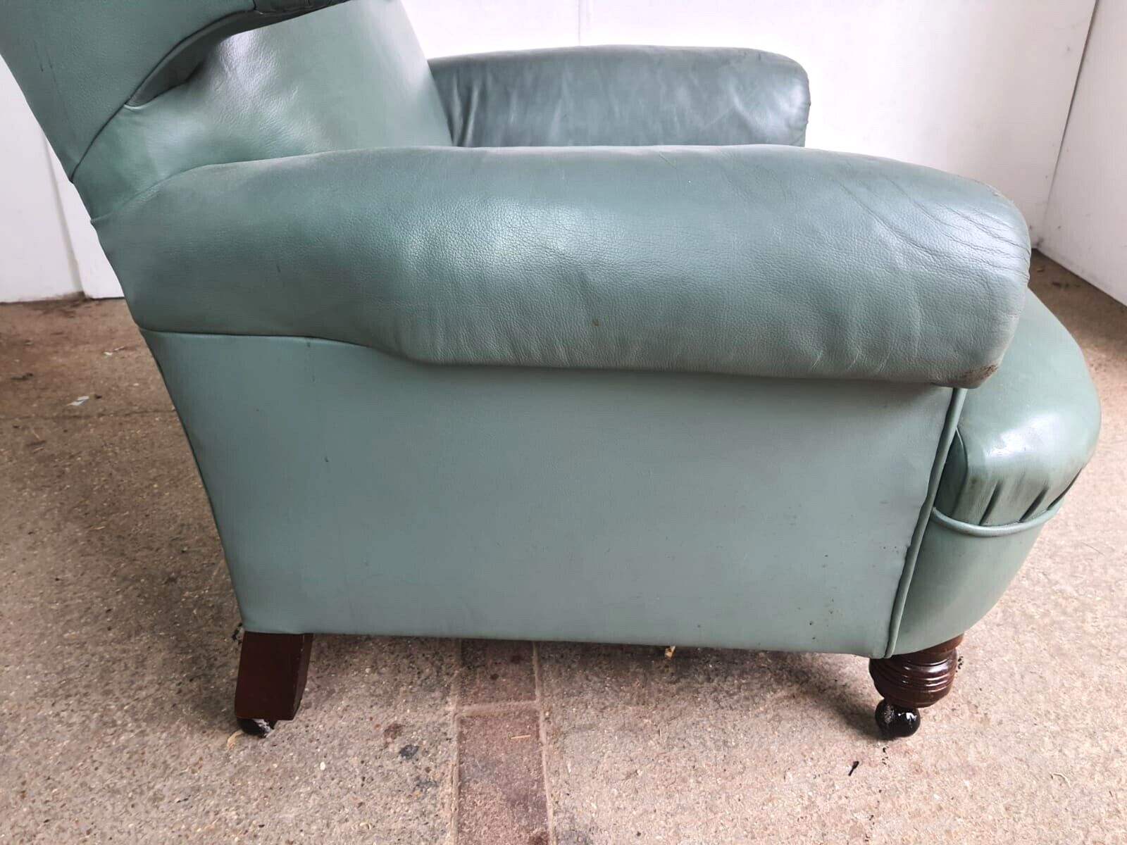 Antique Wing Back Green Leather Armchair Wood Legs Castors photo buy