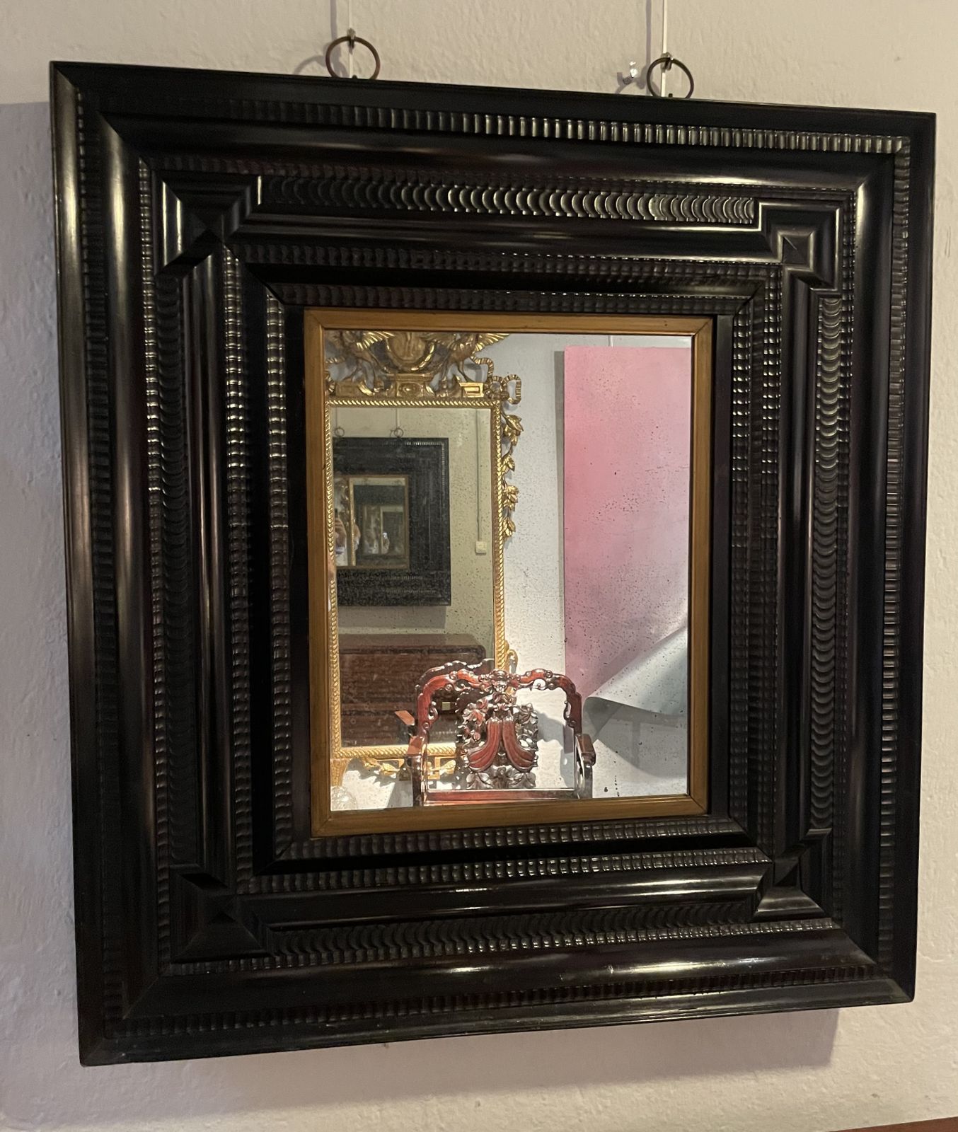 Exceptional Dutch Mirror In Veneered And Ebonized Wood. 17th Century photo for sale