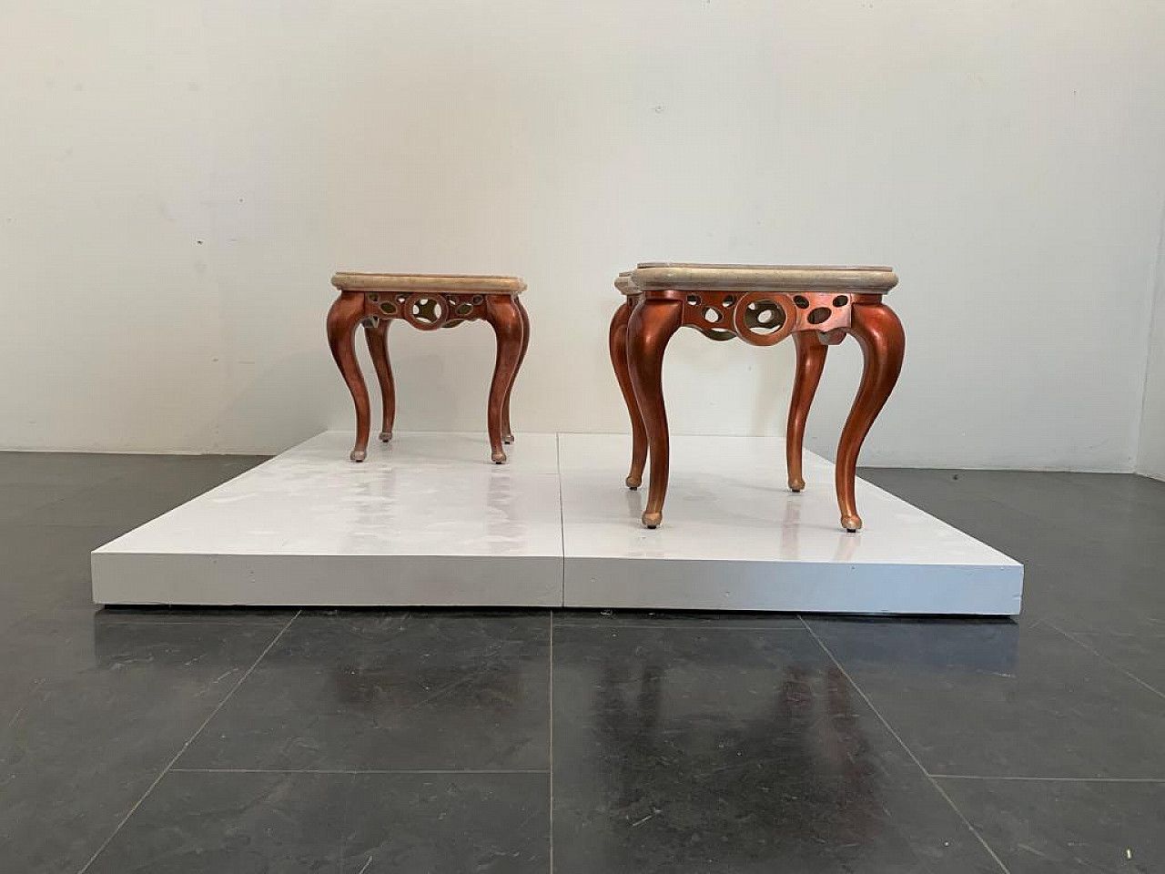 Pair Of Red Metal Leaf Coffee Tables With Pink Marble Tops, 1990s photo furniture