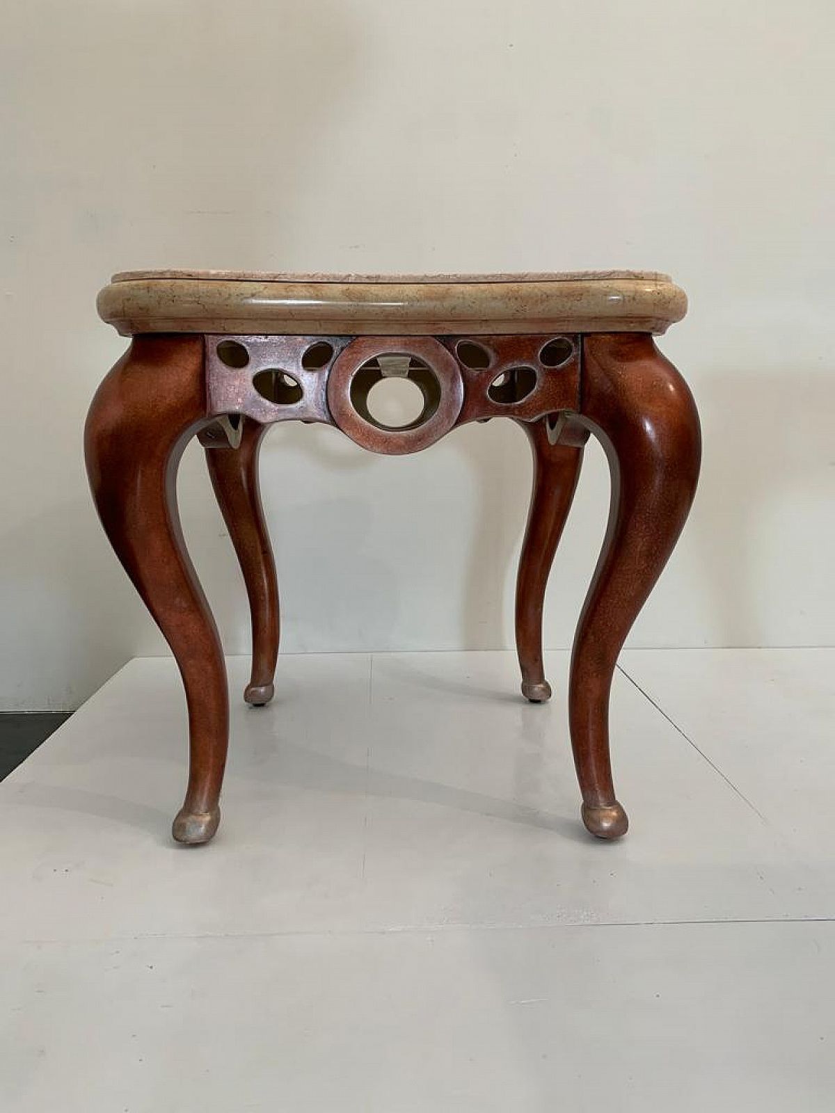 Pair Of Red Metal Leaf Coffee Tables With Pink Marble Tops, 1990s photo 1210.56
