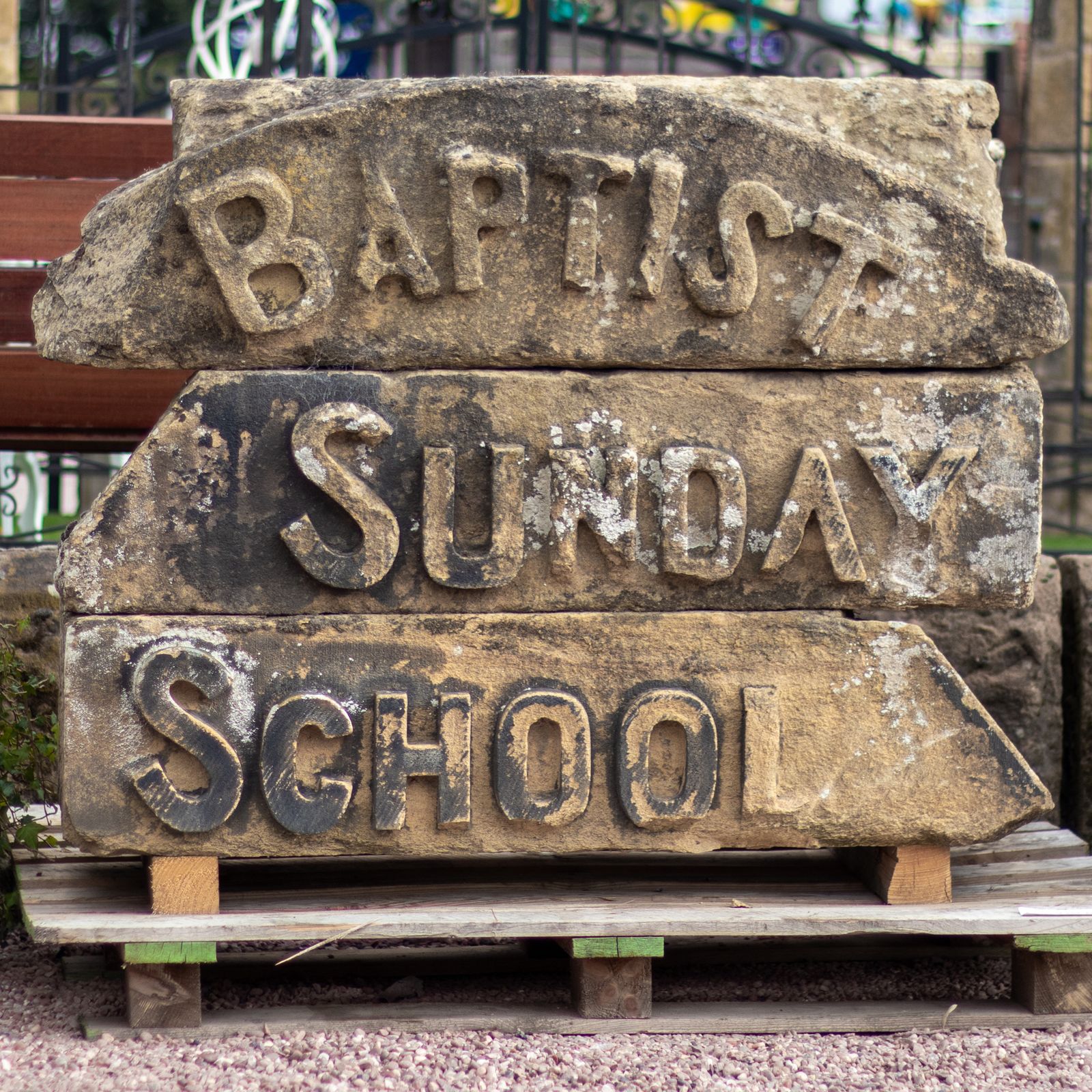 Reclaimed Carved Buff Sandstone Baptist Sunday School Sign Frieze Architectural Salvage photo furniture