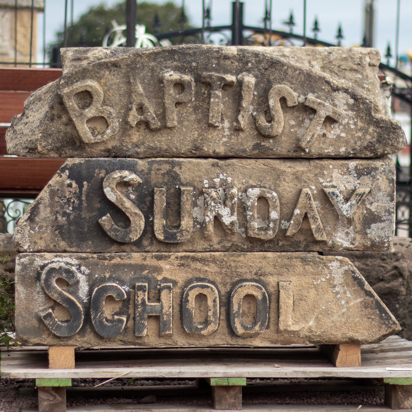 Reclaimed Carved Buff Sandstone Baptist Sunday School Sign Frieze Architectural Salvage photo vinterior