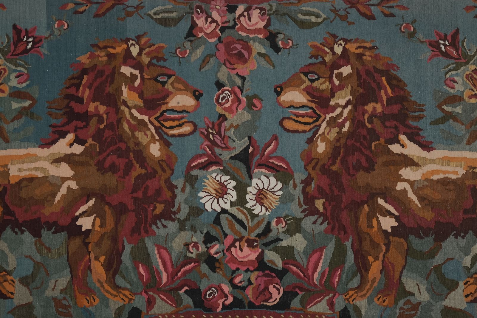 1970s Vintage Double Lion Motif Kilim Rug 6'9'' X 16'11'' photo for sale